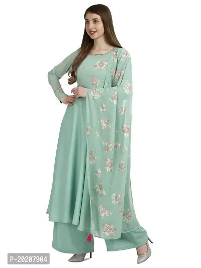 Flared long crepe kurti set with Georgette printed dupatta in SEA GREEN color-thumb2