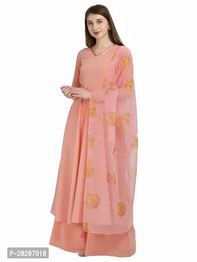Flared long crepe kurti set with Georgette printed dupatta in PEACH color-thumb0