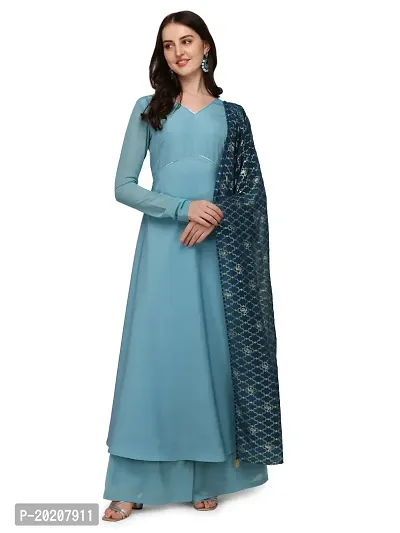 Flared long crepe kurti set with Georgette printed dupatta in SEA BLUE color