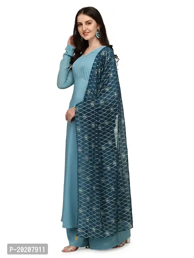 Flared long crepe kurti set with Georgette printed dupatta in SEA BLUE color-thumb2