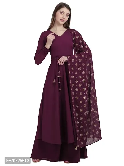 Flared long crepe kurti set with Georgette printed dupatta in WINE color-thumb0