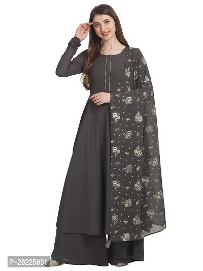 Flared long crepe kurti set with Georgette printed dupatta in GREY color