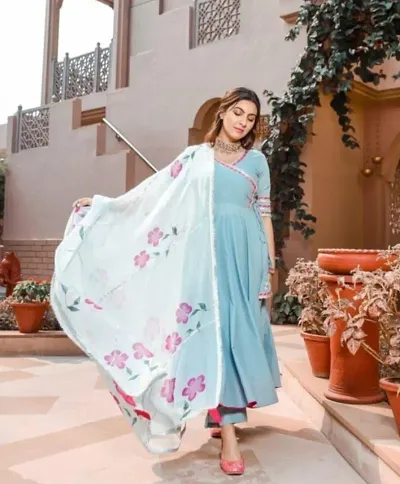 Flared long kurta set with Palazzo and Dupatta set for women in SEA color 3 piece set.