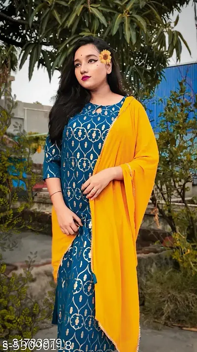 Crepe Flared Kurti, Dupatta &amp; Palazo