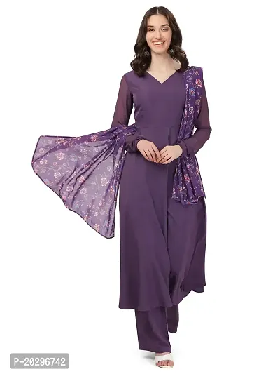 Flared long crepe kurti set with Dupatta and Palazzo for women in PLUM color 3 piece set.