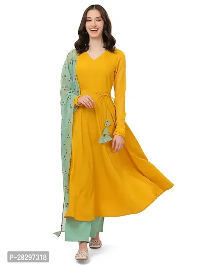 Flared long kurta set with Palazzo and Dupatta set for women in YELLOW color 3 piece set.-thumb0