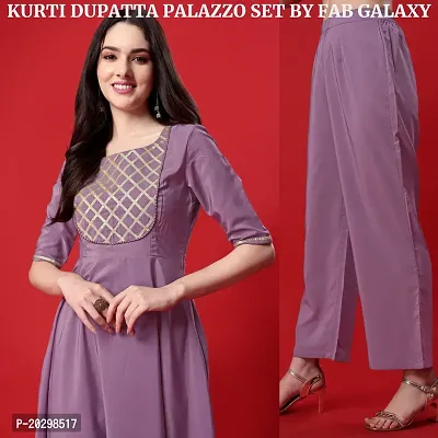 Crepe Mauve Flared Kurti, Dupatta and Palazzo-thumb2