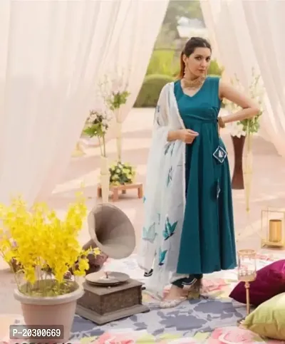 Flared long kurta set with Palazzo and Dupatta set for women in TEAL BLUE color 3 piece set.