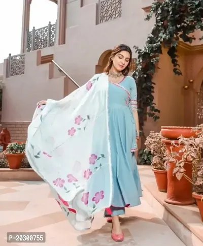 Flared long kurta set with Palazzo and Dupatta set for women in SEA BLUE color 3 piece set.