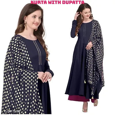Flared long crepe kurti set with Georgette printed dupatta in NAVY BLUE color