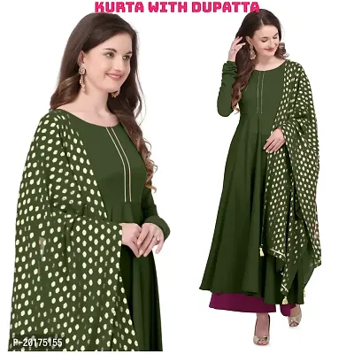 Flared long crepe kurti set with Georgette printed dupatta in OLIVE color