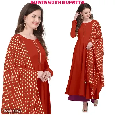 Flared long crepe kurti set with Georgette printed dupatta in RUST color