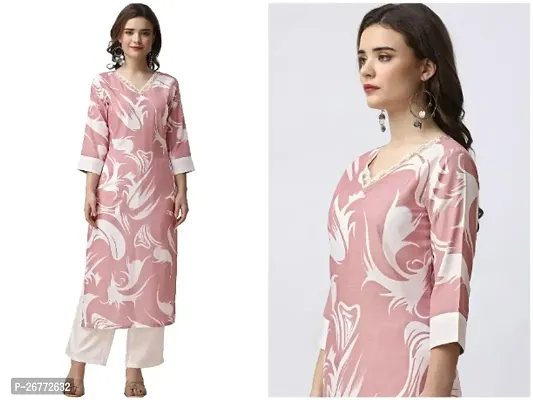 Rayon Slub Printed Kurti Set With Pant Set V Neck With Lace Pattern Plain Palazzo Set-thumb0