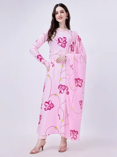 Womens Crepe Color Flower Print Kurti With Plain Palazzo Dupatta Set