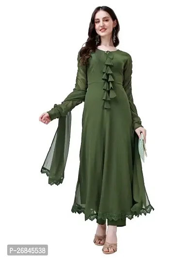 Womens Olive Color Georgette Anarkali Kurti Set With Pant  Dupatta Set