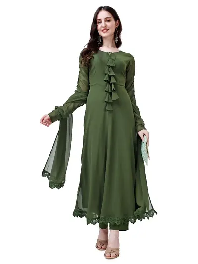 Womens Color Georgette Anarkali Kurti Set With Pant Dupatta Set