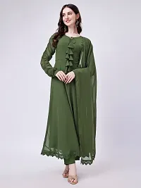 Womens Olive Color Georgette Anarkali Kurti Set With Pant  Dupatta Set-thumb3