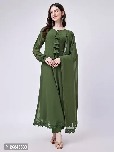 Womens Olive Color Georgette Anarkali Kurti Set With Pant  Dupatta Set-thumb4