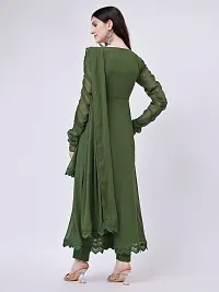 Womens Olive Color Georgette Anarkali Kurti Set With Pant  Dupatta Set-thumb1