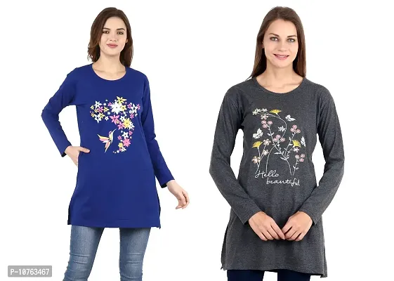 CRAFTLY Regular Loose Fit Cotton Round Neck Printed Full Sleeve T-Shirt, Night Sleep, Yoga, Lounge and Daily Use Gym Wear Long Tops and Tees for Women Ladies and Girls Combo (Pack of 2)