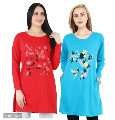 CRAFTLY Regular Loose Fit Cotton Round Neck Printed Full Sleeve T-Shirt, Night Sleep, Yoga, Lounge and Daily Use Gym Wear Long Tops and Tees for Women Ladies and Girls Combo (Pack of 2)-thumb0