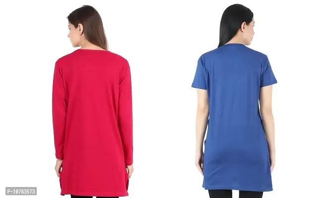 CRAFTLY Women Round Neck Polo Tshirt Full and Half Sleeve Two Combo (Pink+Royal Blue)-thumb5