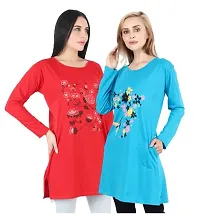 CRAFTLY Regular Loose Fit Cotton Round Neck Printed Full Sleeve T-Shirt, Night Sleep, Yoga, Lounge and Daily Use Gym Wear Long Tops and Tees for Women Ladies and Girls Combo (Pack of 2)-thumb1