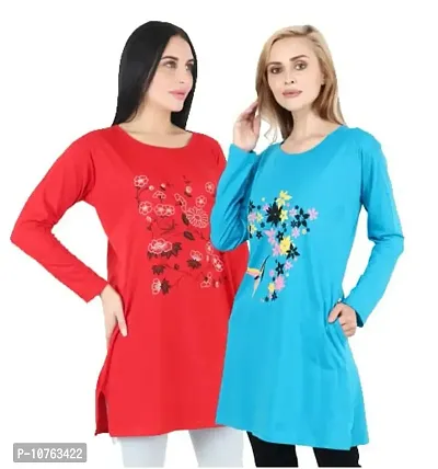CRAFTLY Regular Loose Fit Cotton Round Neck Printed Full Sleeve T-Shirt, Night Sleep, Yoga, Lounge and Daily Use Gym Wear Long Tops and Tees for Women Ladies and Girls Combo (Pack of 2)-thumb2