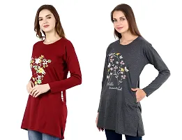 CRAFTLY Ladies and Women Round Neck Polo Full Sleeve Combo Tshirt (Maroon+Dark Grey)-thumb3