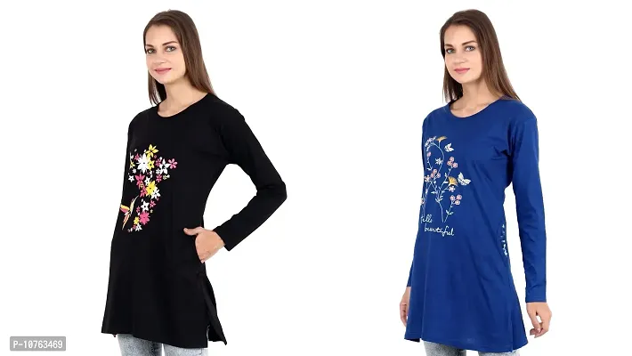 CRAFTLY Regular Loose Fit Cotton Round Neck Printed Full Sleeve T-Shirt, Night Sleep, Yoga, Lounge and Daily Use Gym Wear Long Tops and Tees for Women Ladies and Girls Combo (Pack of 2)-thumb2