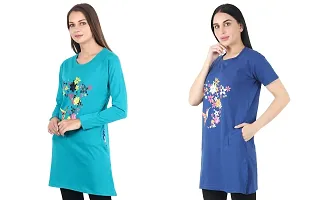 CRAFTLY Women Round Neck Polo Tshirt Full and Half Sleeve Two Combo (RAMA Green+Royal Blue)-thumb1