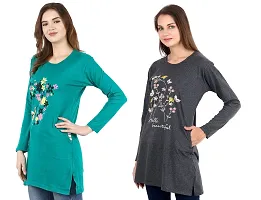 CRAFTLY Regular Loose Fit Cotton Round Neck Printed Full Sleeve T-Shirt, Night Sleep, Yoga, Lounge and Daily Use Gym Wear Long Tops and Tees for Women Ladies and Girls Combo (Pack of 2)-thumb1