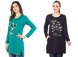 CRAFTLY Ladies and Women Round Neck Polo Full Sleeve Combo Tshirt (RAMA Green+Dark Navy)-thumb1