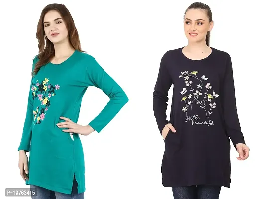 CRAFTLY Ladies and Women Round Neck Polo Full Sleeve Combo Tshirt (RAMA Green+Dark Navy)-thumb2