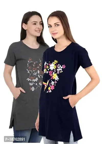 CRAFTLY Regular Loose Fit Cotton Round Neck Printed Half Sleeve T-Shirt, Night Sleep, Yoga, Lounge and Daily Use Gym Wear Long Tops and Tees for Women Ladies and Girls Combo (Pack of 2)-thumb3