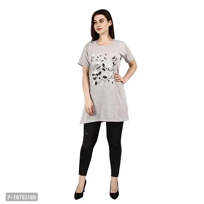 CRAFTLY Regular Loose Fit Cotton Round Neck Printed Half Sleeve T-Shirt, Night Sleep, Yoga, Lounge and Daily Use Gym Wear Long Tops and Tees for Women Ladies and Girls (Light Grey, Free Size)-thumb2