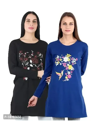 CRAFTLY Regular Loose Fit Cotton Round Neck Printed Full Sleeve T-Shirt, Night Sleep, Yoga, Lounge and Daily Use Gym Wear Long Tops and Tees for Women Ladies and Girls Combo (Pack of 2)