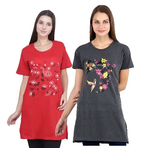 CRAFTLY Regular Loose Fit Cotton Round Neck Printed Half Sleeve T-Shirt, Night Sleep, Yoga, Lounge and Daily Use Gym Wear Long Tops and Tees for Women Ladies and Girls Combo (Pack of 2)