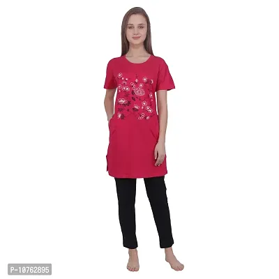 CRAFTLY Regular Loose Fit Cotton Round Neck Printed Half Sleeve T-Shirt, Night Sleep, Yoga, Lounge and Daily Use Gym Wear Long Tops and Tees for Women Ladies and Girls (Pink, Free Size)-thumb4