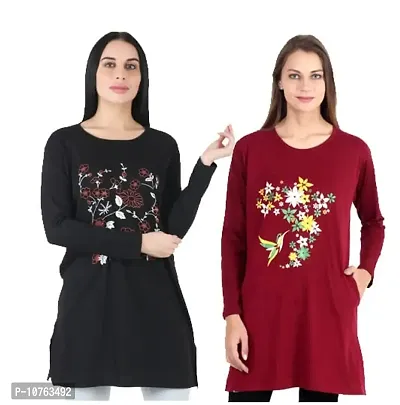 CRAFTLY Regular Loose Fit Cotton Round Neck Printed Full Sleeve T-Shirt, Night Sleep, Yoga, Lounge and Daily Use Gym Wear Long Tops and Tees for Women Ladies and Girls Combo (Pack of 2)
