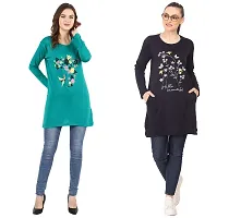 CRAFTLY Ladies and Women Round Neck Polo Full Sleeve Combo Tshirt (RAMA Green+Dark Navy)-thumb2