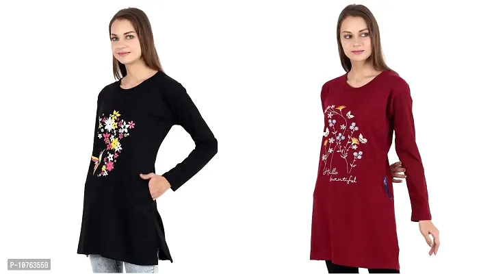 CRAFTLY Ladies and Women Round Neck Polo Full Sleeve Combo Tshirt (Black+Maroon)-thumb2