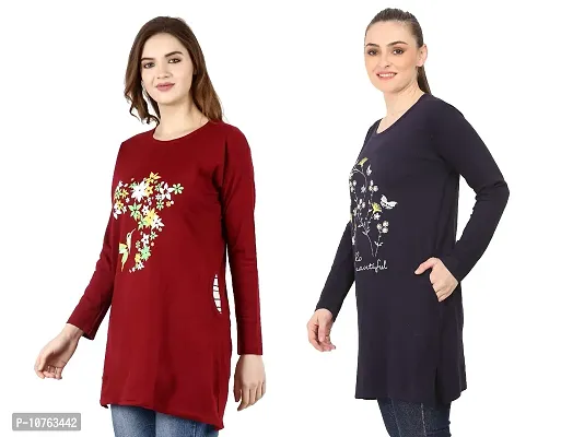 CRAFTLY Regular Loose Fit Cotton Round Neck Printed Full Sleeve T-Shirt, Night Sleep, Yoga, Lounge and Daily Use Gym Wear Long Tops and Tees for Women Ladies and Girls Combo (Pack of 2)-thumb2