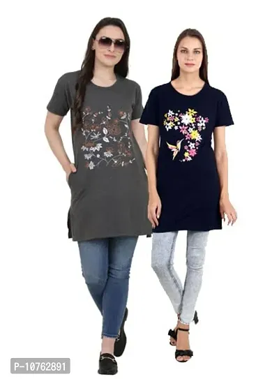 CRAFTLY Regular Loose Fit Cotton Round Neck Printed Half Sleeve T-Shirt, Night Sleep, Yoga, Lounge and Daily Use Gym Wear Long Tops and Tees for Women Ladies and Girls Combo (Pack of 2)-thumb2