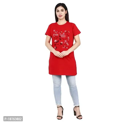 CRAFTLY Regular Loose Fit Cotton Round Neck Printed Half Sleeve T-Shirt, Night Sleep, Yoga, Lounge and Daily Use Gym Wear Long Tops and Tees for Women Ladies and Girls (RED, Free Size)-thumb2