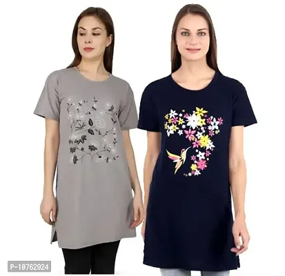 CRAFTLY Regular Loose Fit Cotton Round Neck Printed Half Sleeve T-Shirt, Night Sleep, Yoga, Lounge and Daily Use Gym Wear Long Tops and Tees for Women Ladies and Girls Combo (Pack of 2)