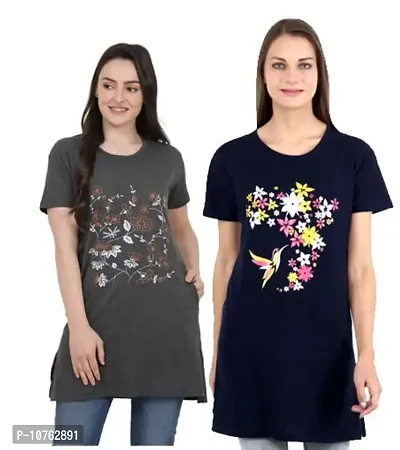 CRAFTLY Regular Loose Fit Cotton Round Neck Printed Half Sleeve T-Shirt, Night Sleep, Yoga, Lounge and Daily Use Gym Wear Long Tops and Tees for Women Ladies and Girls Combo (Pack of 2)