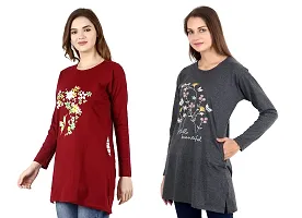 CRAFTLY Ladies and Women Round Neck Polo Full Sleeve Combo Tshirt (Maroon+Dark Grey)-thumb1