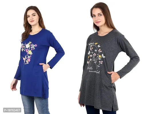 CRAFTLY Regular Loose Fit Cotton Round Neck Printed Full Sleeve T-Shirt, Night Sleep, Yoga, Lounge and Daily Use Gym Wear Long Tops and Tees for Women Ladies and Girls Combo (Pack of 2)-thumb2