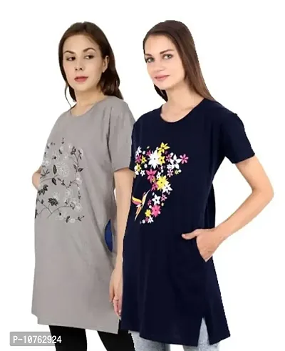 CRAFTLY Regular Loose Fit Cotton Round Neck Printed Half Sleeve T-Shirt, Night Sleep, Yoga, Lounge and Daily Use Gym Wear Long Tops and Tees for Women Ladies and Girls Combo (Pack of 2)-thumb3